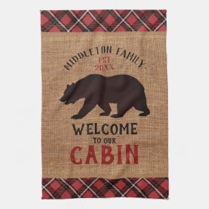 Welcome to our Cabin in a Burlap and Plaid Kitchen Towel