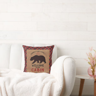Welcome to our Cabin in a Burlap and Plaid Throw Pillow