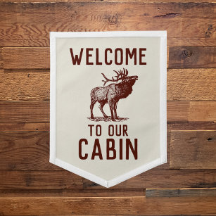 Welcome To Our Cabin Red Beige Vintage Buck Deer  Pennant