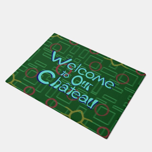 Welcome to Our Chateau Blue Letters Green Door Mat (Angled)