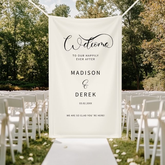 Welcome to our happily ever after! banner (Welcome to our happily ever after! Beige Banner. Personalized with your name and date. )
