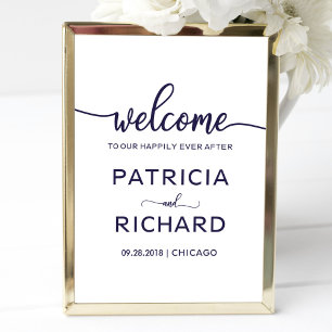 Welcome to Our Happily Ever After Chic Navy Blue Poster