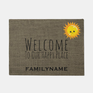Welcome to Our Happy Place Rustic Burlap Name Doormat
