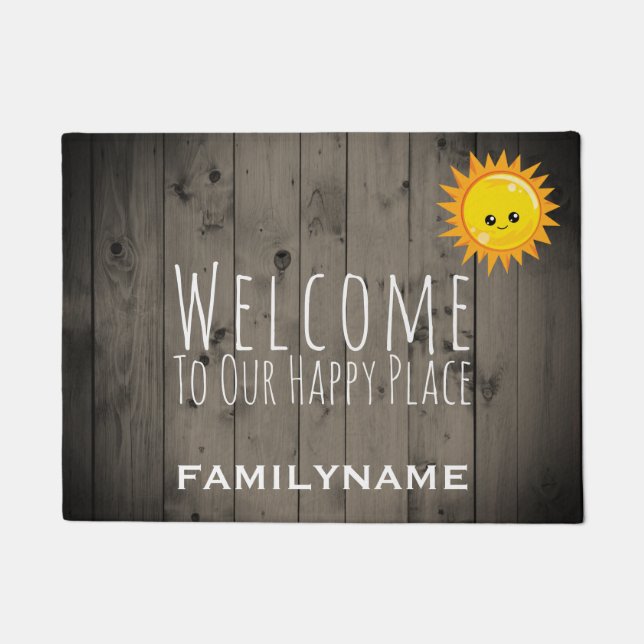 Welcome to Our Happy Place Rustic Wood Family Doormat (Front)