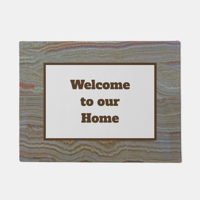 Welcome to Our Home Brown Green Striped Onyx Doormat (Front)