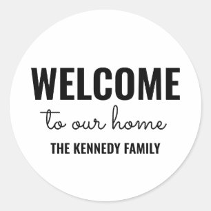 Welcome To Our Home Family Name Black And White Classic Round Sticker