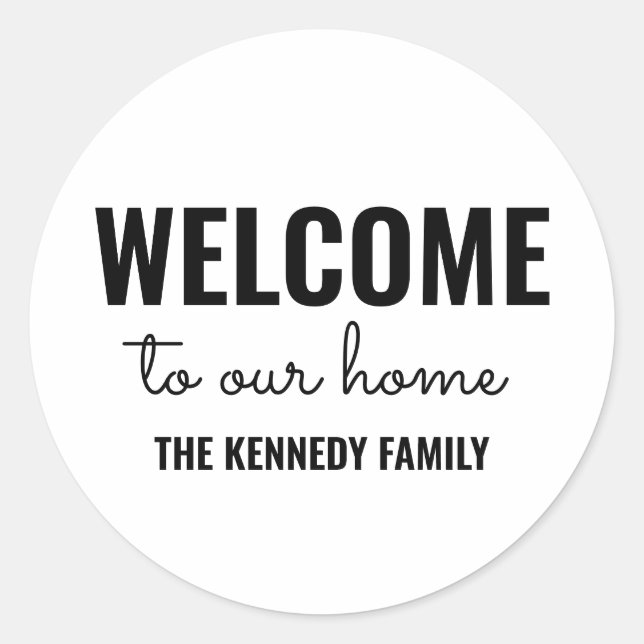 Welcome To Our Home Family Name Black And White Classic Round Sticker (Front)
