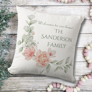 Welcome To Our Home Family Name Floral Watercolor  Outdoor Pillow