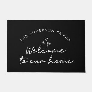 Welcome to our home modern script black and white  doormat