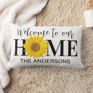 Welcome to Our Home Name Sunflower White Lumbar Pillow