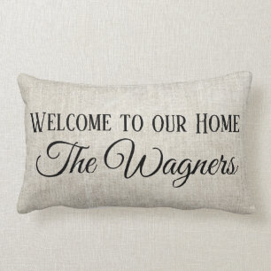 Welcome to our Home on linen look personalize Lumbar Pillow