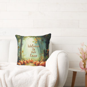 "Welcome to our home" Pretty Pumpkin Autumn Throw Pillow