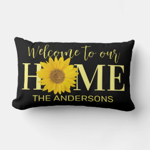 Welcome to Our Home Sunflower Name Black Lumbar Pillow