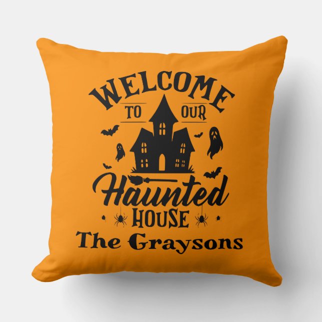 Welcome To Our House Halloween Spooky Decor Throw Pillow (Front)