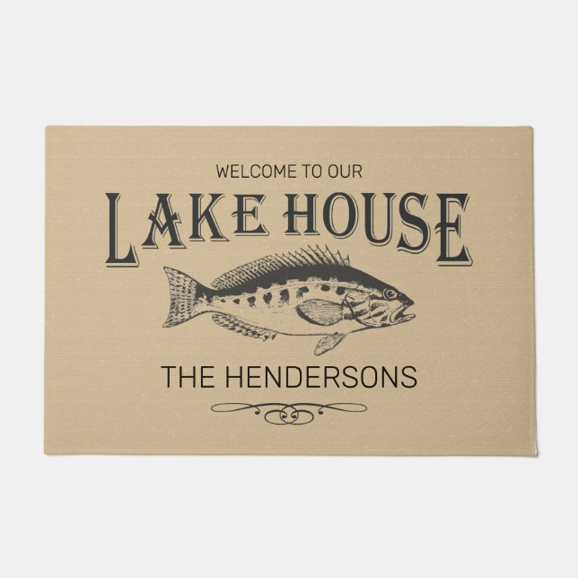 Welcome To Our Lake House Family Name Fish Doormat (Front)