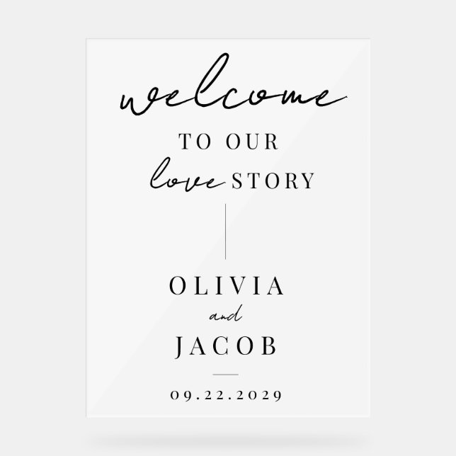 Welcome To Our Love Story Modern Wedding Acrylic Sign (Front)