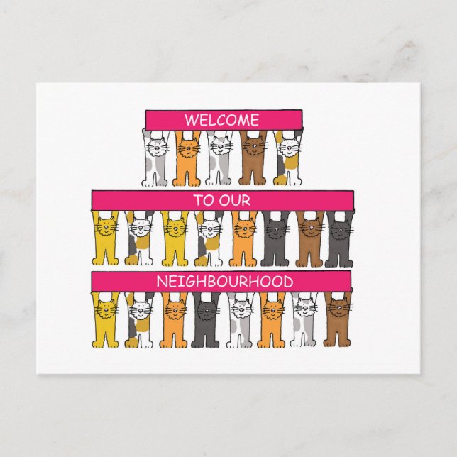 Welcome to Our Neighbourhood Cartoon Cats Postcard (Front)