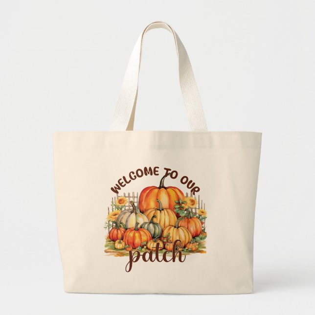 Welcome to Our Patch – Cozy Pumpkin Patch Large Tote Bag (Front)
