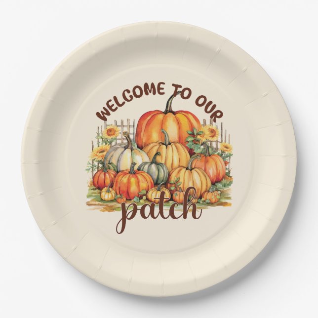 Welcome to Our Patch – Cozy Pumpkin Patch Paper Plate (Front)
