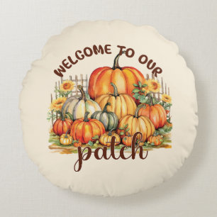 Welcome to Our Patch – Cozy Pumpkin Patch Round Pillow