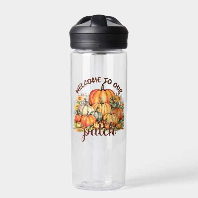 Welcome to Our Patch – Cozy Pumpkin Patch Water Bottle (Front)