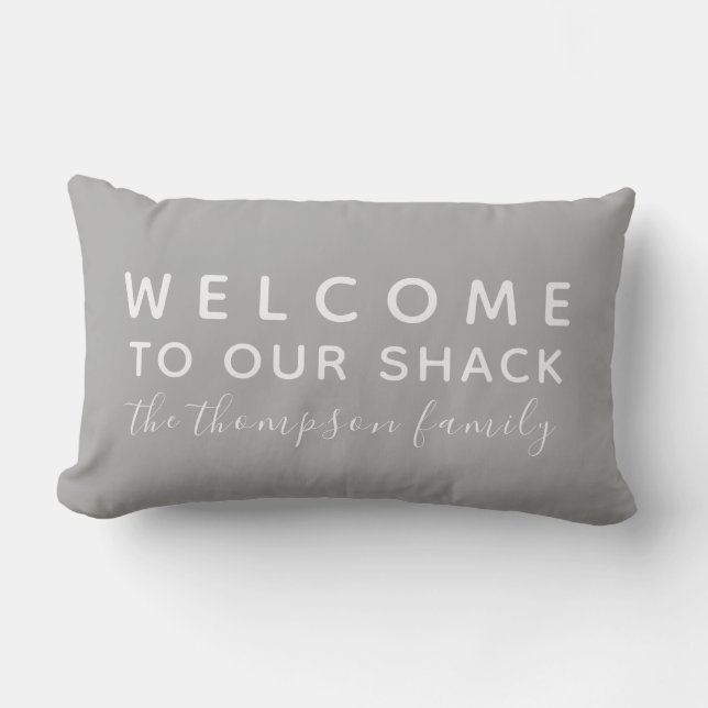 Welcome to Our Shack Taupe Custom Family Lumbar Pillow (Front)