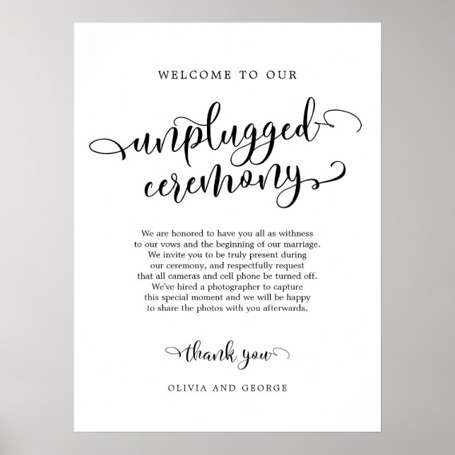 Welcome to our unplugged ceremony sign (Front)