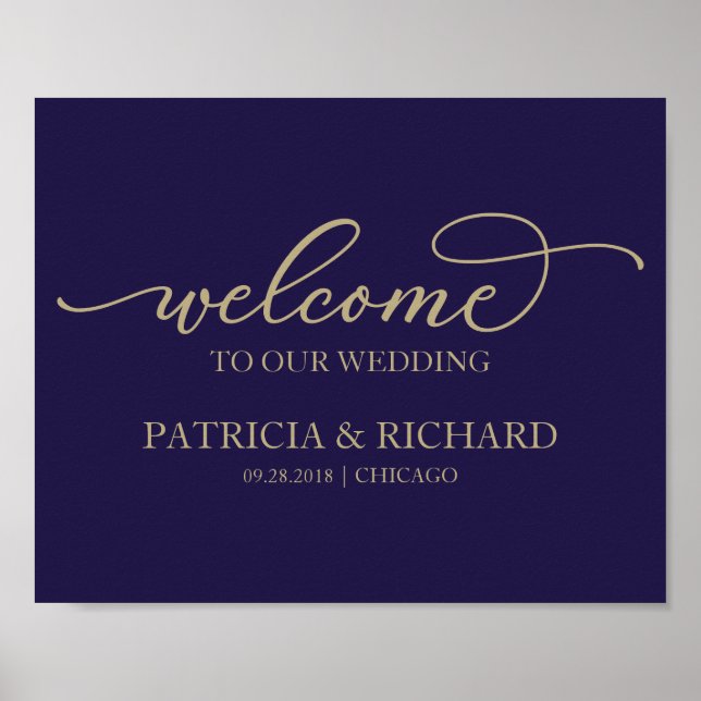 Welcome To Our Wedding Chic Gold Script Navy Blue Poster (Front)