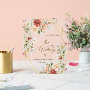 Welcome to Our Wedding Foliage Gold Geometric Acrylic Sign