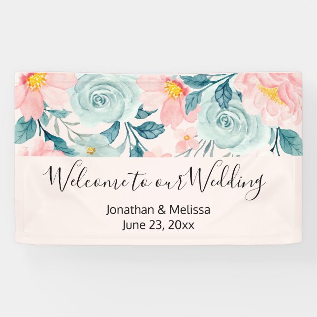 Welcome to our Wedding Pink & Green Floral Border Banner (Horizontal)