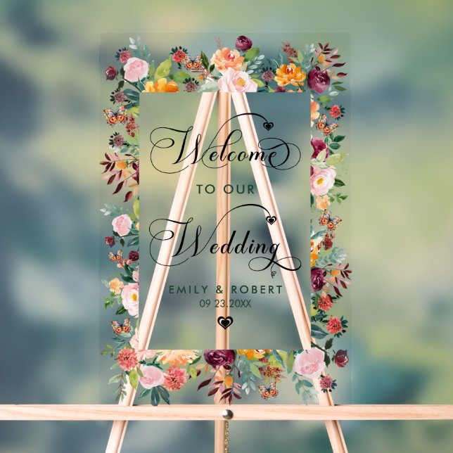 Welcome to Our Wedding Summer Flowers Frame Acrylic Sign (Neutral)