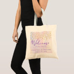 Welcome to our Wedding Tote Bag<br><div class="desc">A welcome to our wedding tote bag. Designed with fake gold confetti sprinkled along the top. A pale purple and yellow watercolor background.</div>