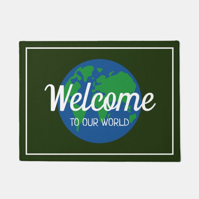 Welcome to our world globe map custom welcome doormat (Front)