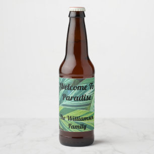 Welcome to Paradise Green Striped Tropical Leaves Beer Bottle Label