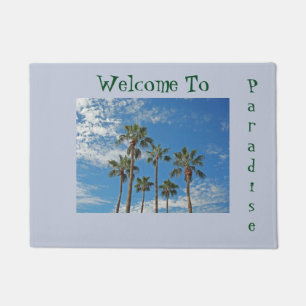Welcome to Paradise Greeting Palm Trees Blue Sky Doormat