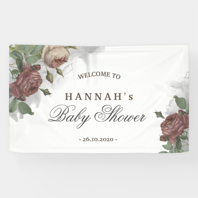 Welcome To Rustic Floral Burgundy Rose Watercolor Banner (Horizontal)