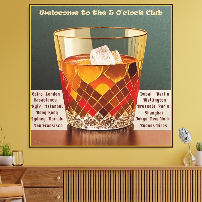 Welcome to the 5 O'clock Club Mid Century Design Canvas Print (Insitu(LivingRoom))