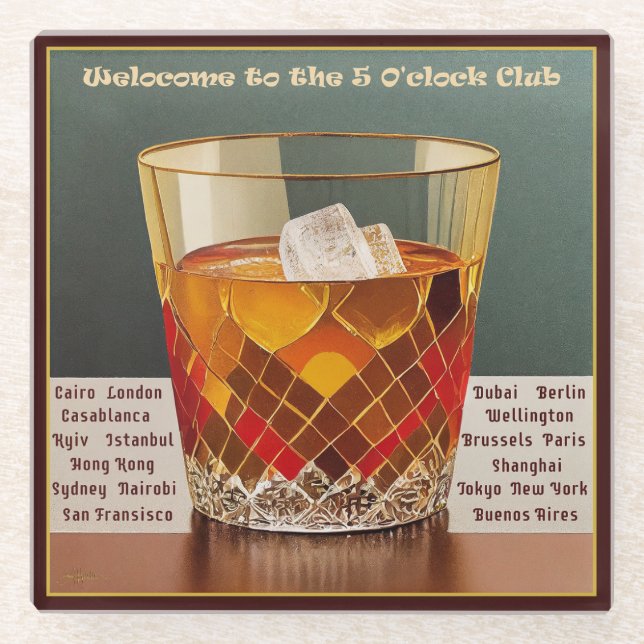 Welcome to the 5 O'clock Club Mid Century Design Glass Coaster (Front)