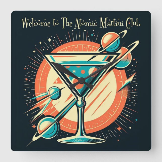 Welcome To The Atomic Martini Club Space Age Square Wall Clock (Front)
