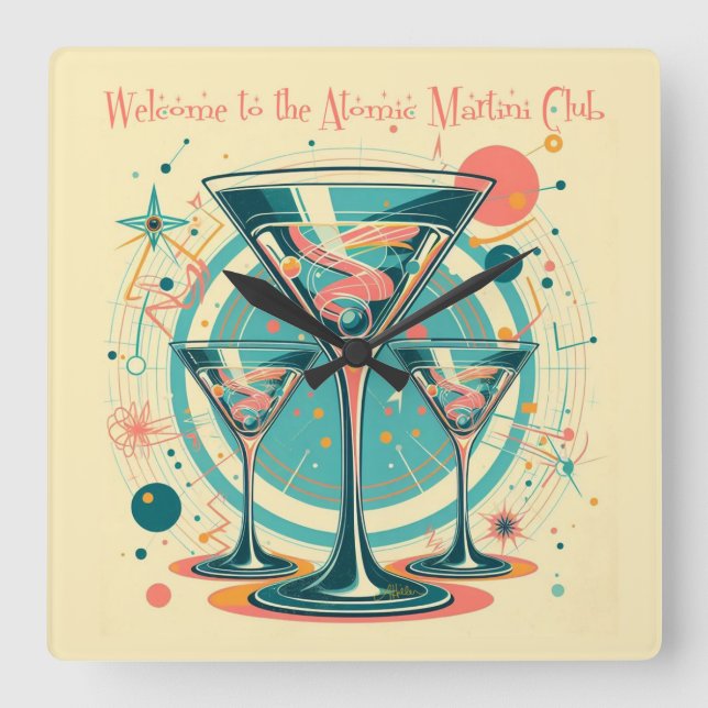 Welcome To The Atomic Martini Club Triple Play Square Wall Clock (Front)