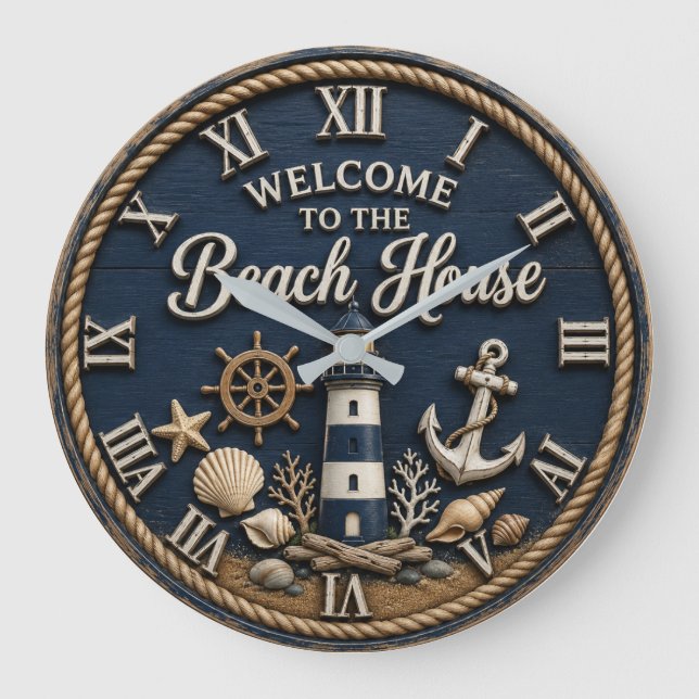 Welcome to the Beach House Nautical Lighthouse  Large Clock (Front)