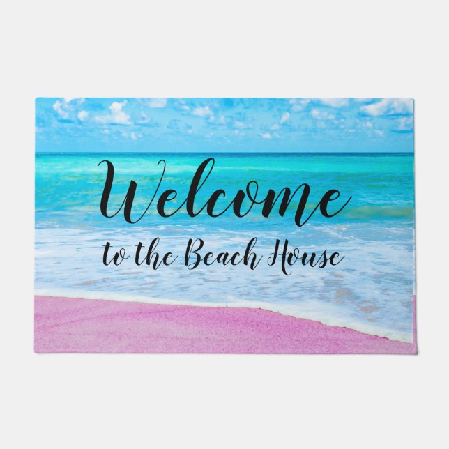 Welcome to the Beach House Pink Sand Beach Ocean Doormat (Front)
