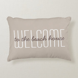 Welcome To The Beachhouse Quote Tan Decorative Accent Pillow