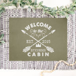 Welcome to the Cabin | Personalized Arrows Olive Doormat<br><div class="desc">Welcome visitors to your woodsy getaway with this rustic olive green and white doormat. Design features your personalized cabin logo, with two crossed arrows, a copse of pine trees and a length of twisting rope adorning your family name and year established. Mat reads "Welcome to the [Name] Cabin" in white...</div>