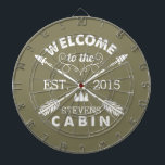 Welcome to the Cabin | Rustic Arrows Personalized Dartboard<br><div class="desc">Spend your leisurely hours playing darts with this fun, unique dartboard. Design features an olive green background with "Welcome to the [Name] Cabin" in rustic block text and two crossed arrows. Customize with your family name and the year established. Makes an awesome housewarming present or gift for your weekend hosts!...</div>