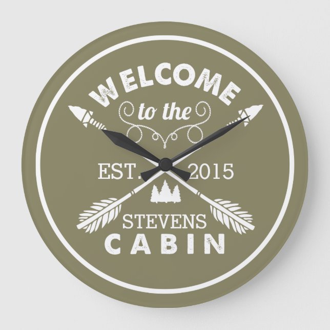 Welcome to the Cabin | Rustic Arrows & Pine Tree Large Clock (Front)