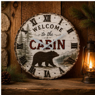 Welcome to the Cabin Rustic Bear Buffalo Plaid Large Clock