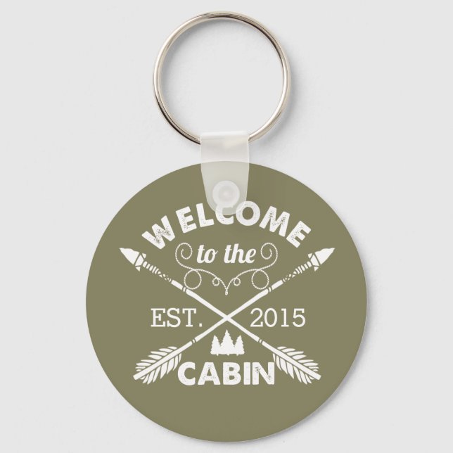Welcome to the Cabin | Rustic Olive & White Keychain (Front)