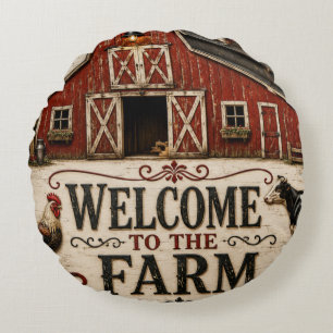 Welcome to the Farm Rustic Red Barn Farmhouse Round Pillow
