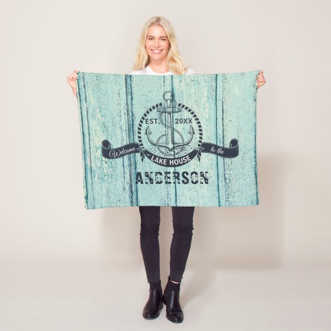 Welcome to the Lake House Blue Wood Fleece Blanket (In Situ)